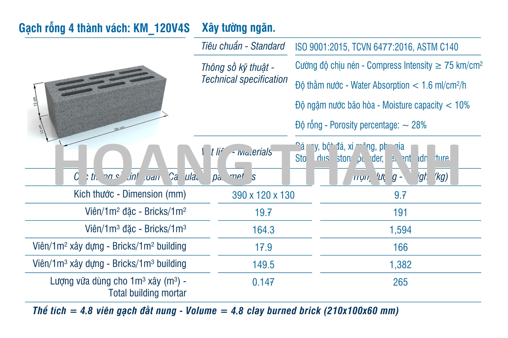 Gạch XMCL cao 130mm xây tường rỗng 200mm